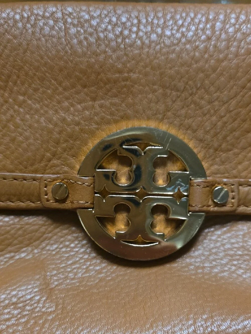 Tory Burch Brown Pebbled Leather Crossbody with Gold Logo